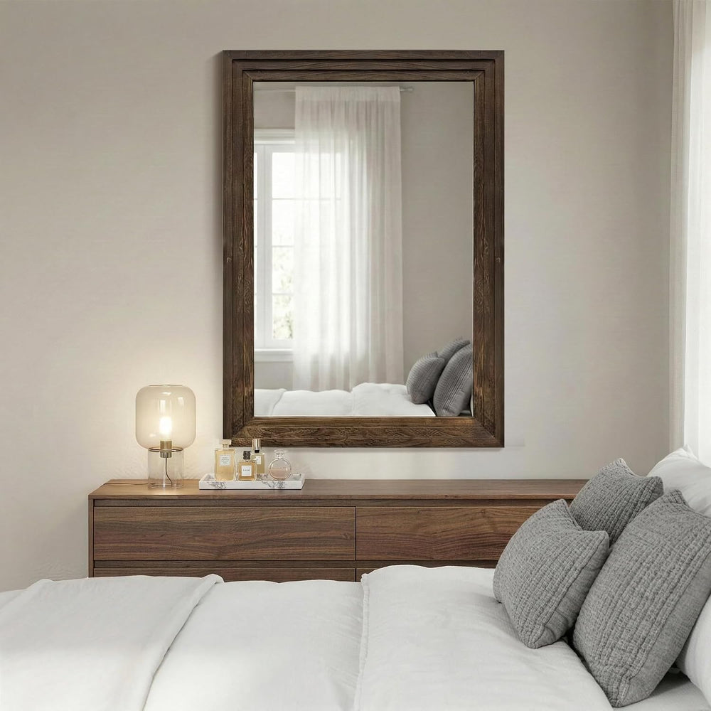 Farmhouse Rustic Wood Framed Bathroom Vanity Mirror for Wall, 24x36, Brown