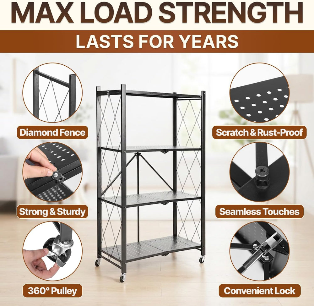 4-Tier Foldable Storage Shelf with Locking Wheels – 200+ lb Capacity Rolling ...