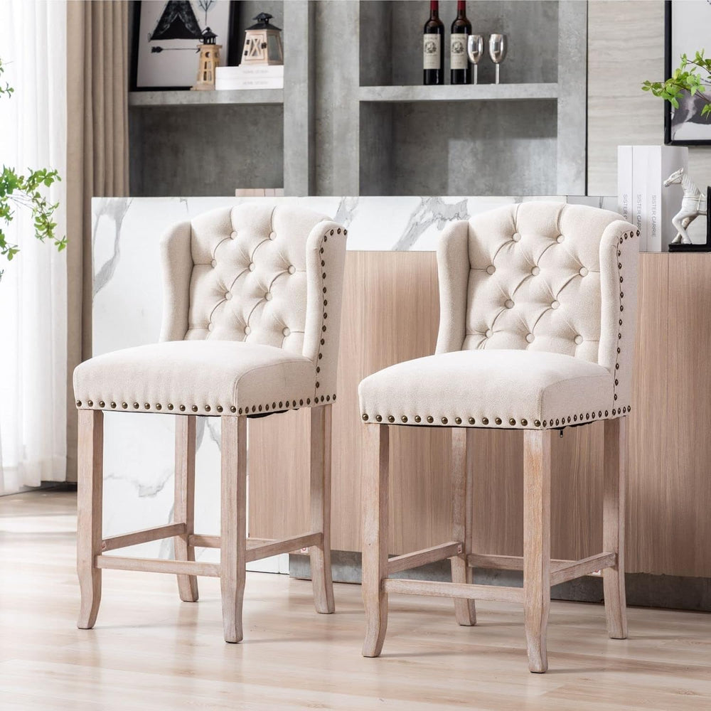 LukeAlon 26" Tufted Wingback Linen Counter Stools Set of 4, Beige