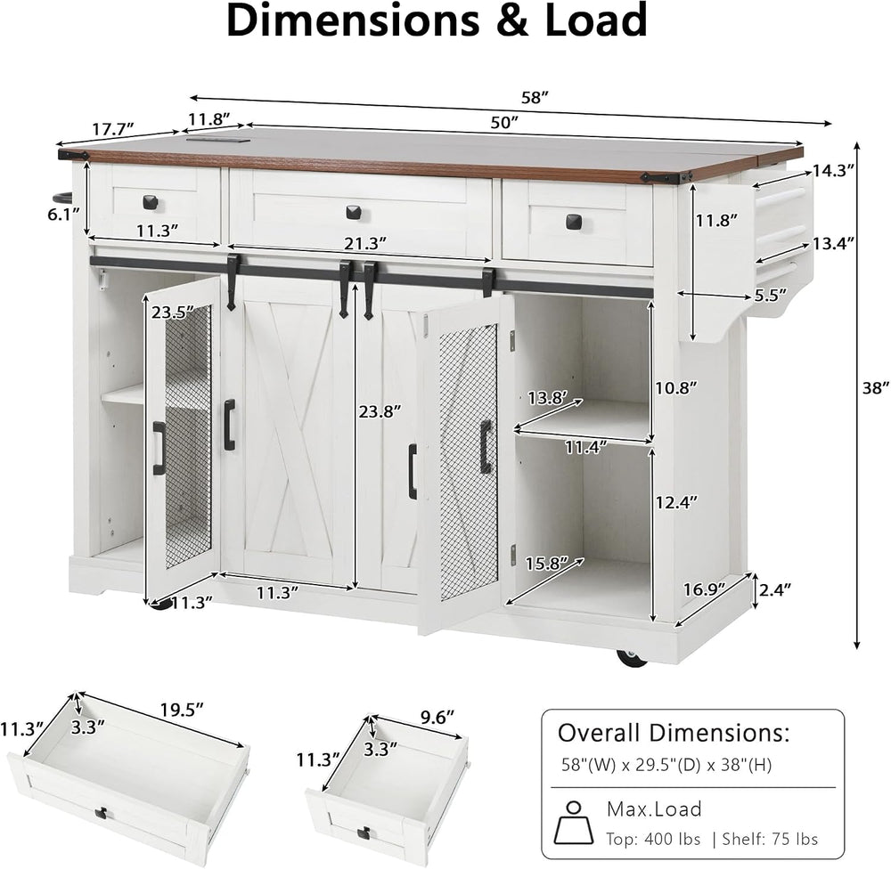 LUMISOL Farmhouse Kitchen Island Cart with Drop Leaf & 3 Drawers, White