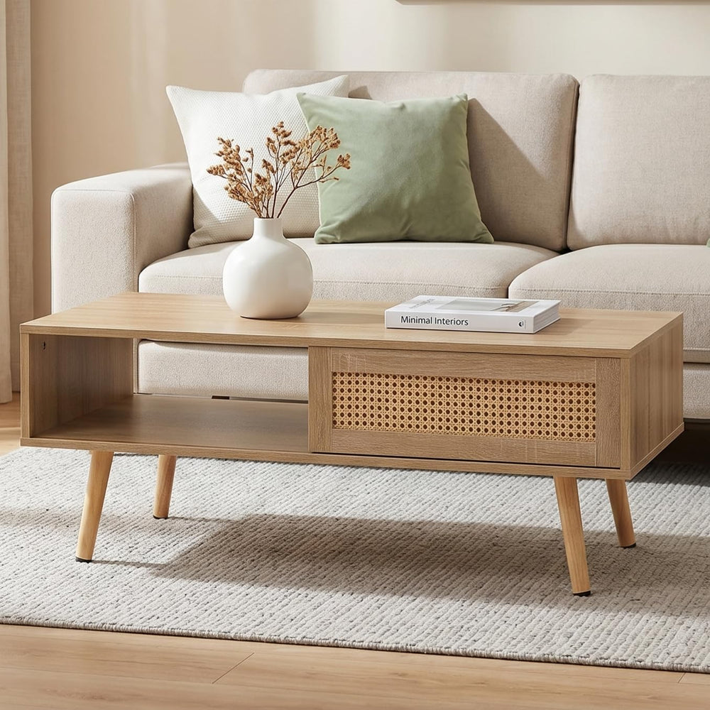 IANIYA 41'' Rattan Coffee Table with Storage, Boho Living Room Table