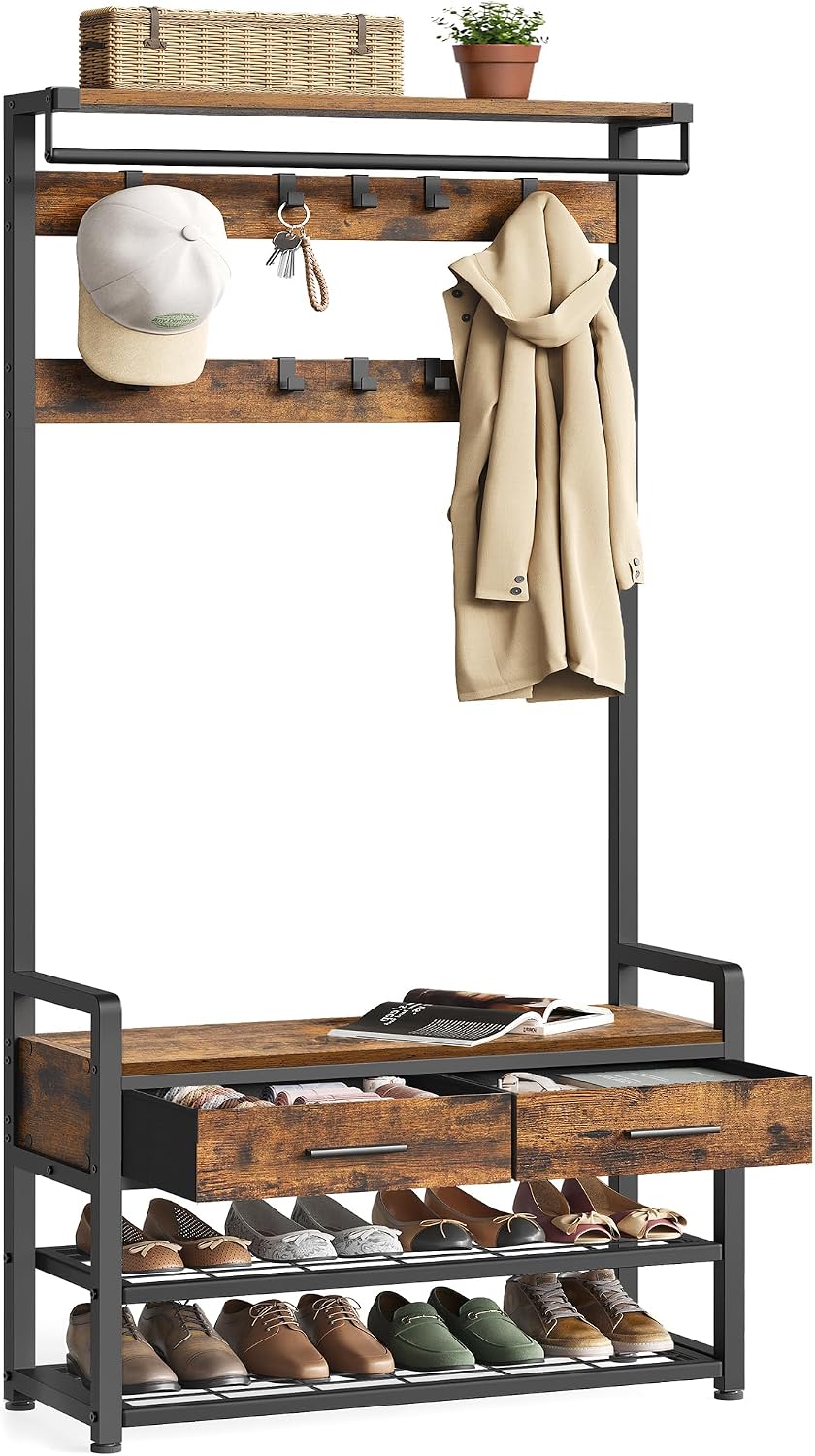 VASAGLE Hall Tree with Bench and Shoe Storage, 2 Fabric Drawers, 10 Hooks