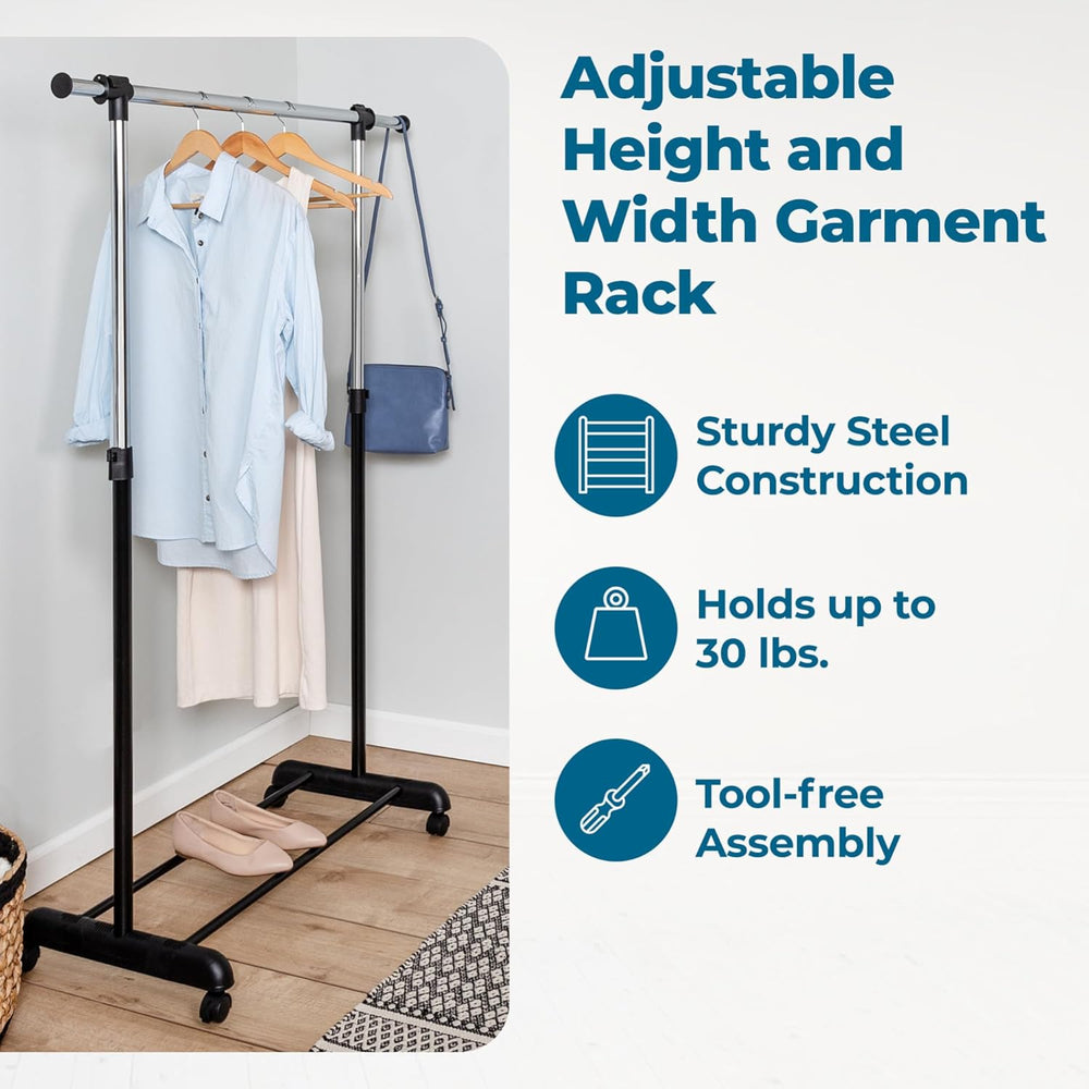 Honey-Can-Do Rolling Garment Rack with Adjustable Height and Width, Metal Clo...
