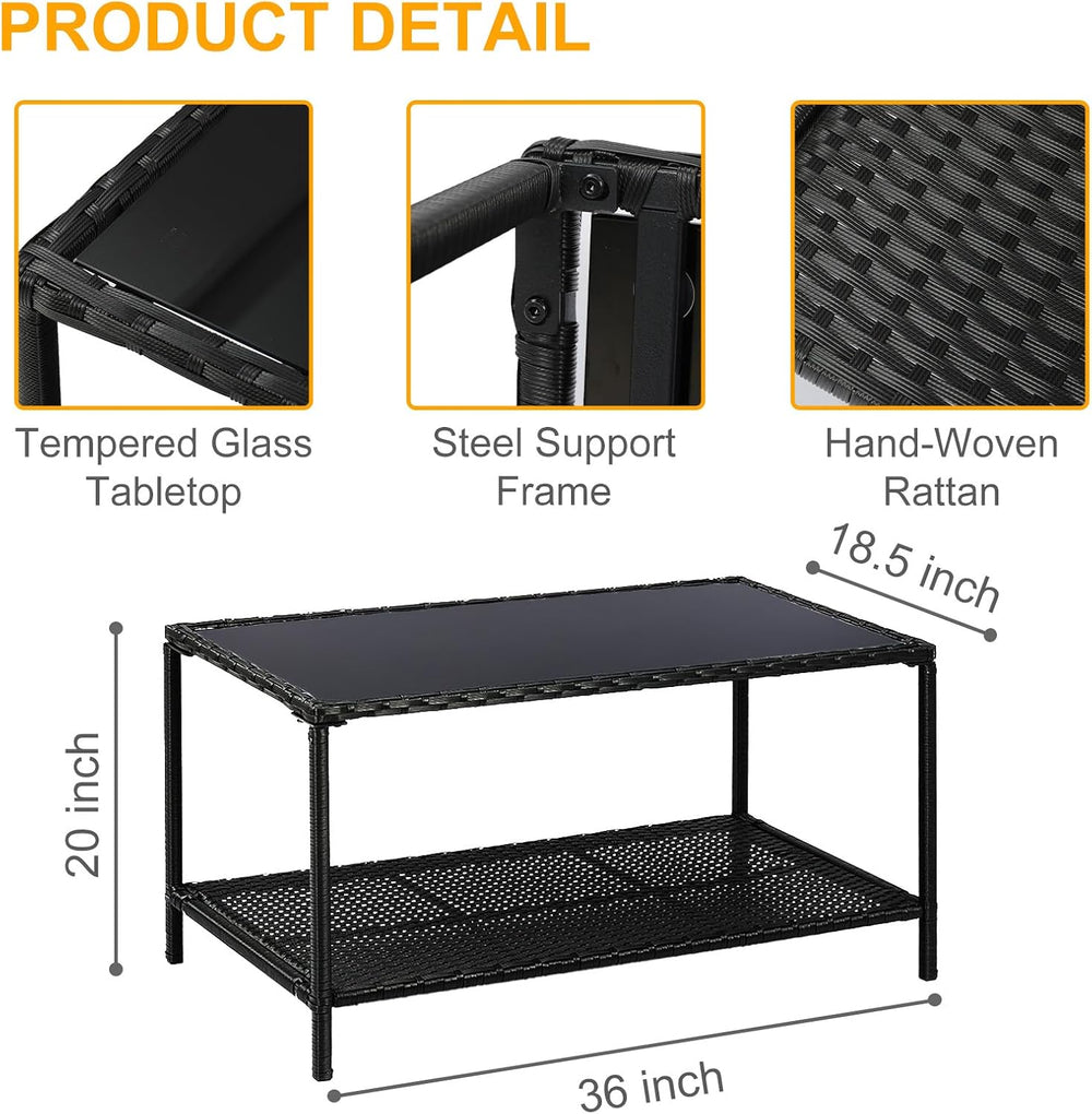 2-Tier All Weather Rattan Wicker Outdoor Coffee Side Table with Glass Top