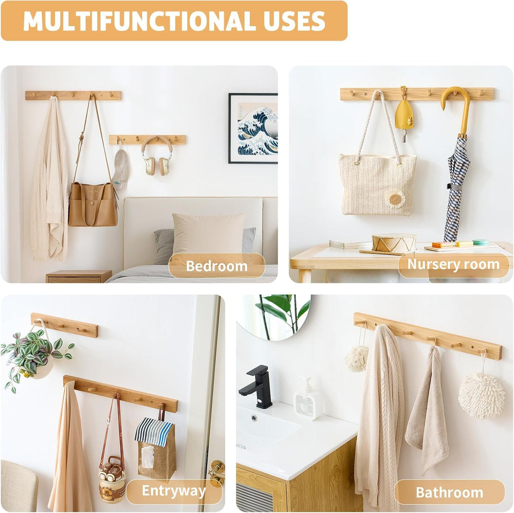 Wall Mounted Coat Rack 24 inches, Hickory Wood Wall Coat Hooks with 6 Hooks, ...
