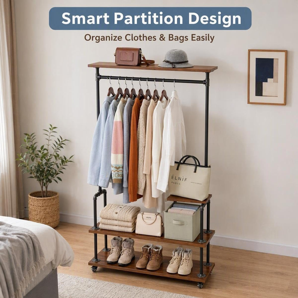 Industrial Pipe Clothing Rack, Rolling Clothes Rack, Wood Garment Rack