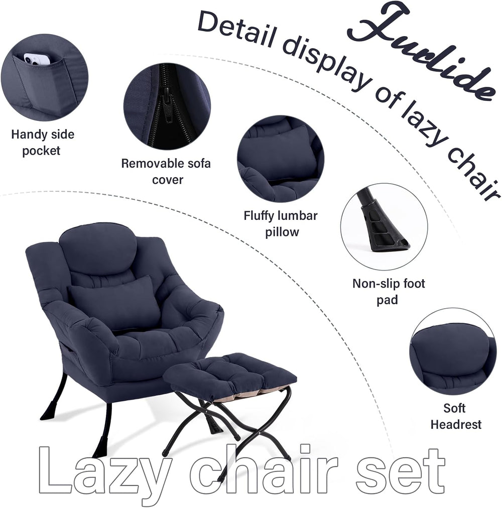 Furlide Lazy Chair with Ottoman, Modern Lounge Chair with Lumbar Pillow, Acce...
