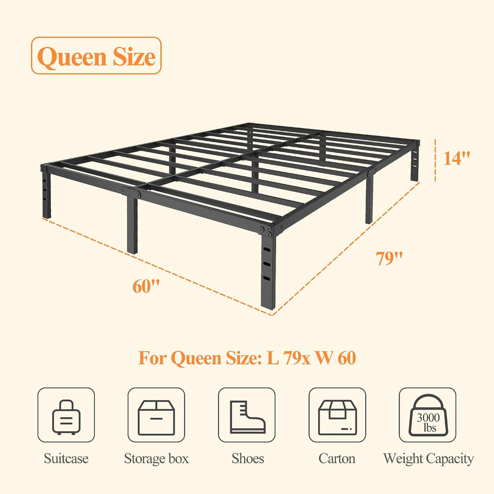 Queen Metal Bed Frame, 14", Storage, No Box Spring, Easy Assembly, Black