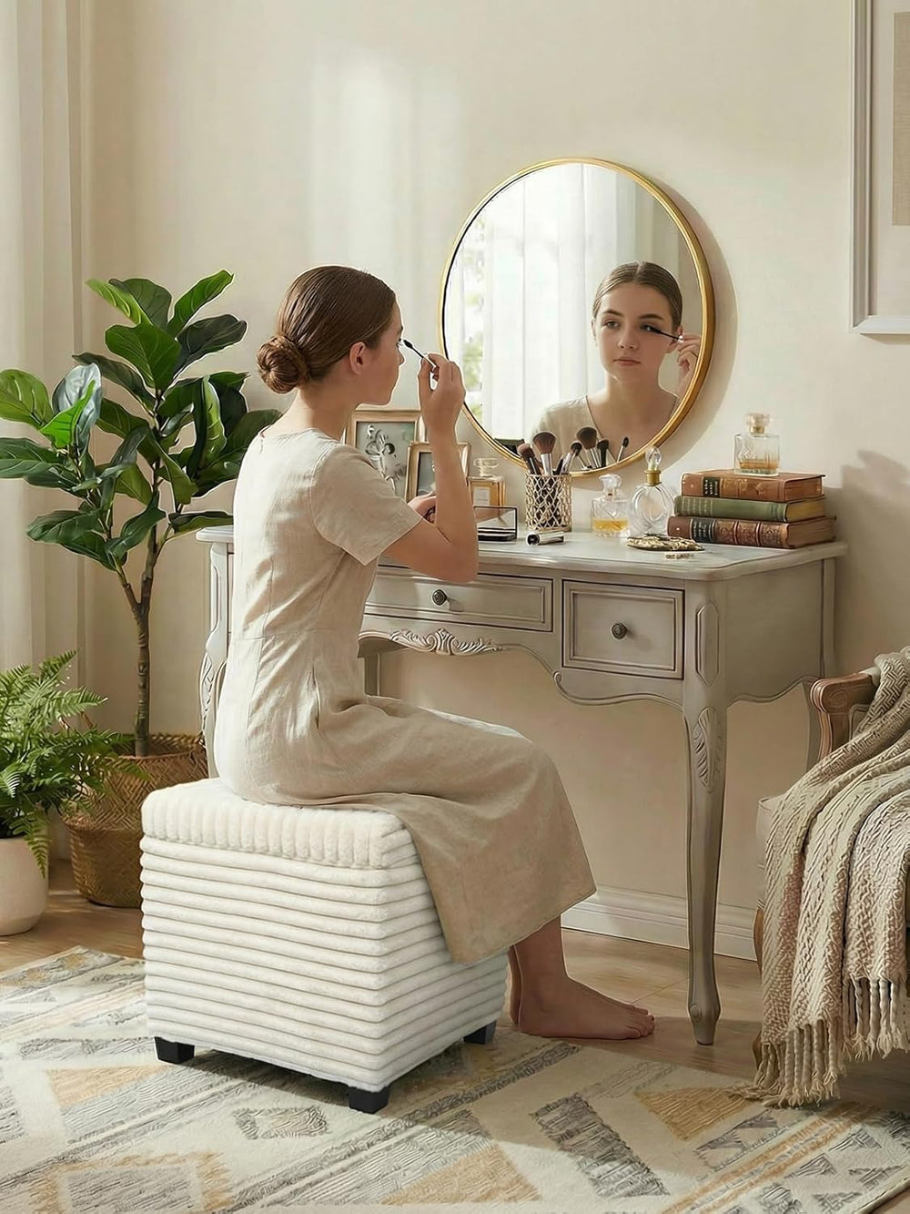 ABHENG Steel Frame Square Ottoman with Storage Vanity Stool White UASND644W