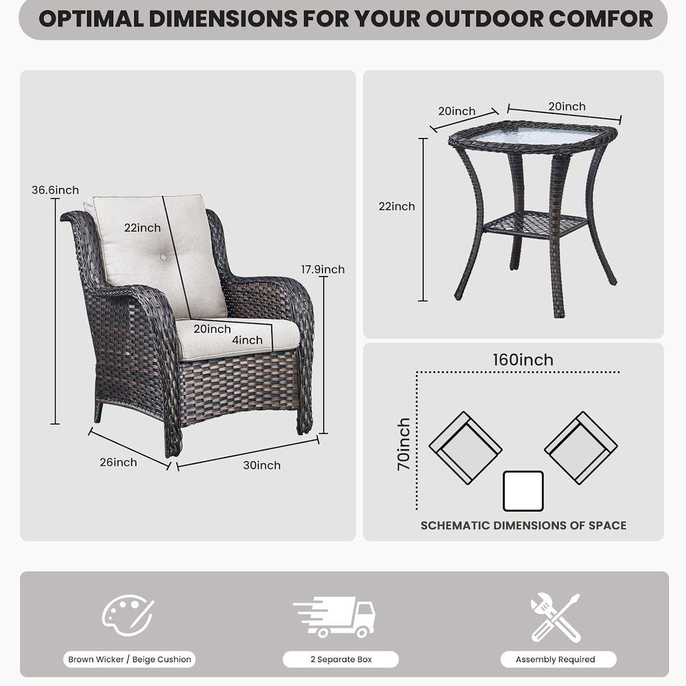Belord Outdoor Furniture Set Patio Wicker Chairs, 3 Peices Porch Rattan Furni...