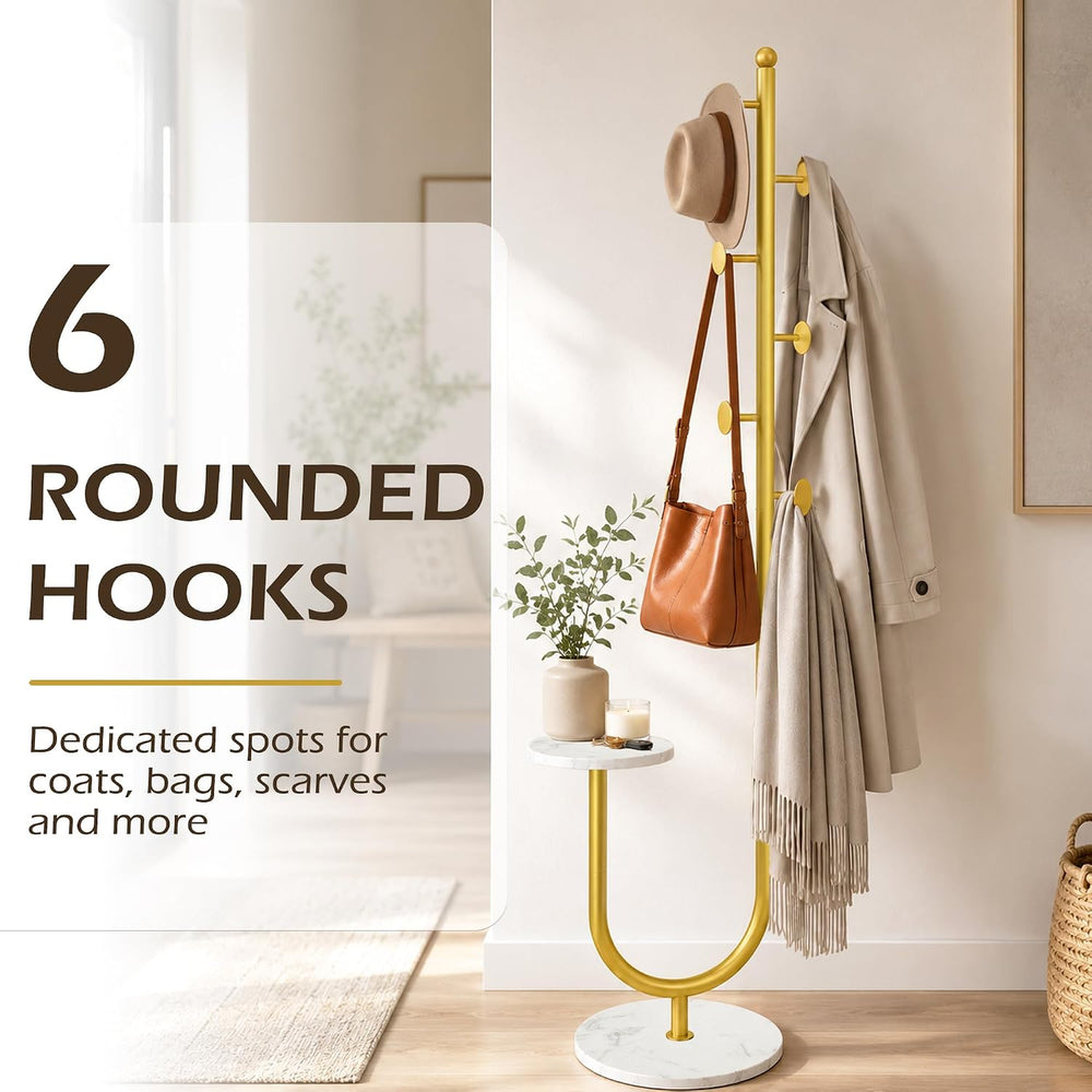 Metal Coat Rack Freestanding, Marble Table & Base, 6 Hooks (Gold)