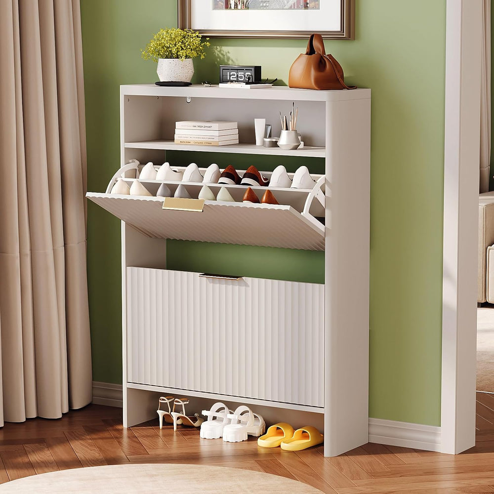 VINGLI White Slim Shoe Cabinet with Curved Edges, Modern Hidden Shoe Storage ...