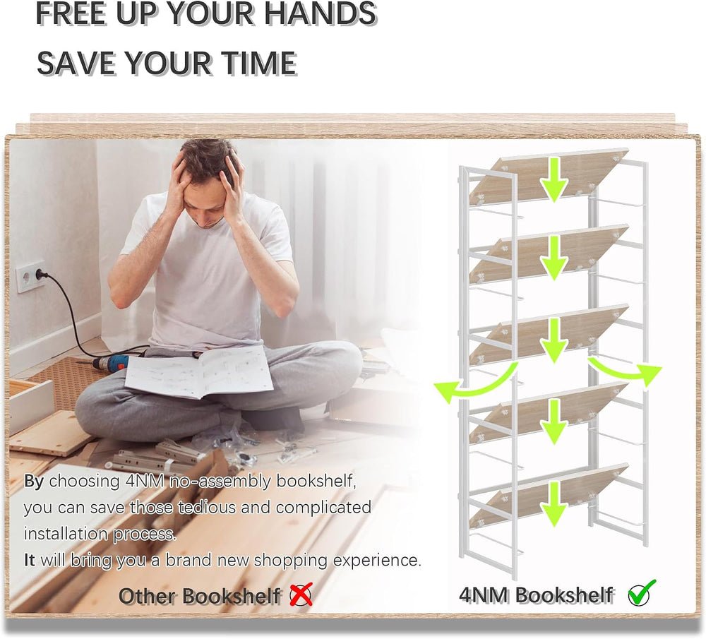 4NM No Assembly 5 Tier Collapsible Book Shelves, 51.2" H x 23.6" W ...