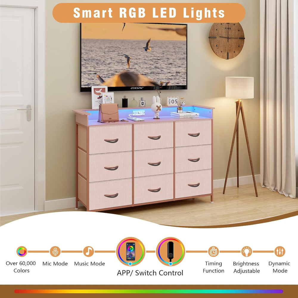 EXOTICA Pink Dresser with LED Light for Girls Bedroom 9 Drawer Dressers with ...