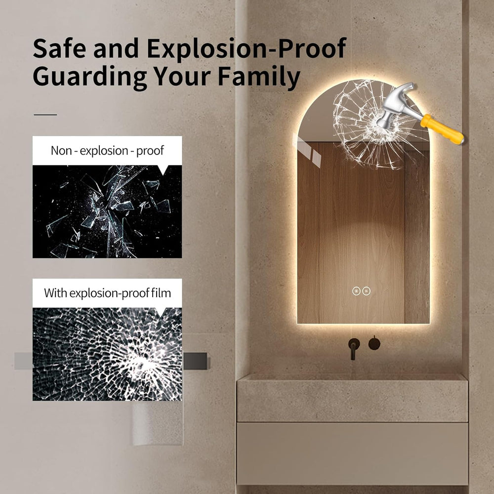 LAIYA 40 x 30 Inch Arched LED Bathroom Mirror, Frameless, Backlit, Anti-Fog