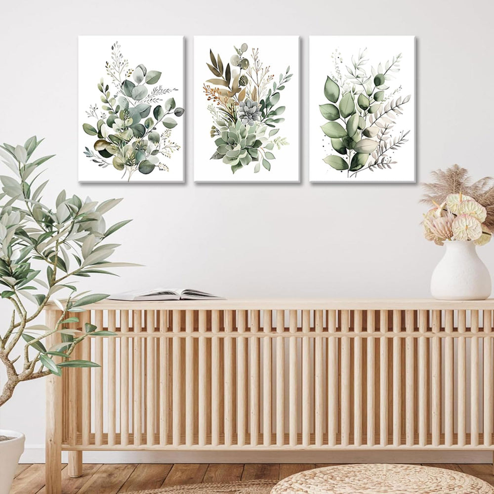 Bwodke Sage Green Botanical Canvas Wall Art Set of 3, 12x16 inch