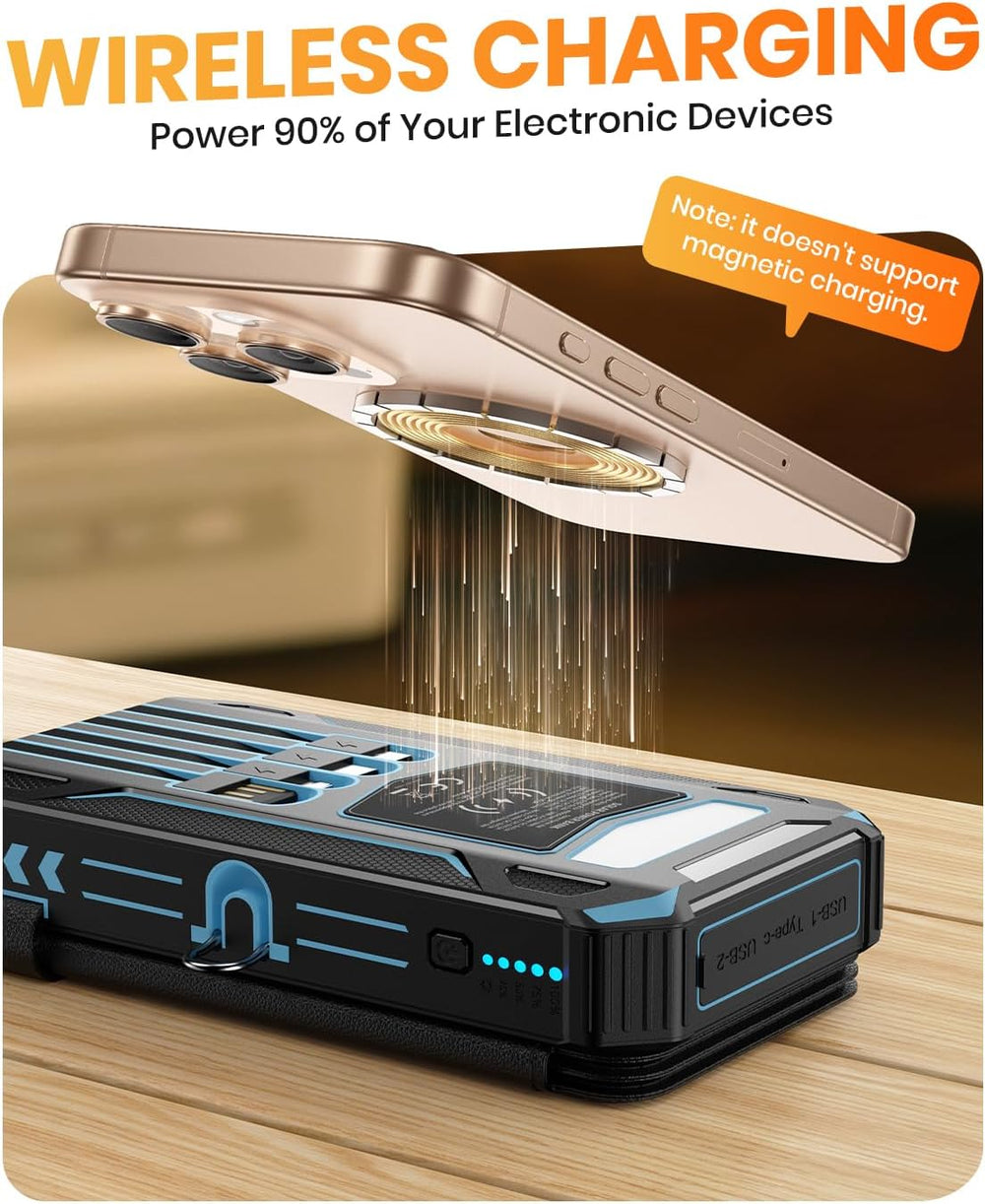 SOARAISE Solar Power Bank 48000mAh Wireless Battery Pack with 4 Cables