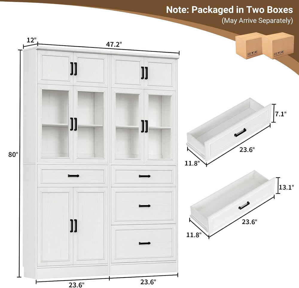Unikito 80" Kitchen Pantry Storage Cabinet with Glass Door and 4 Drawers