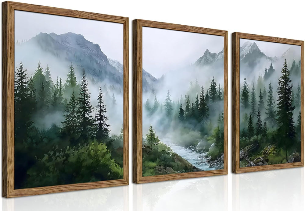 Framed Forest Wall Art Set of 3, Misty Mountain Landscape Canvas Wall Decor P...