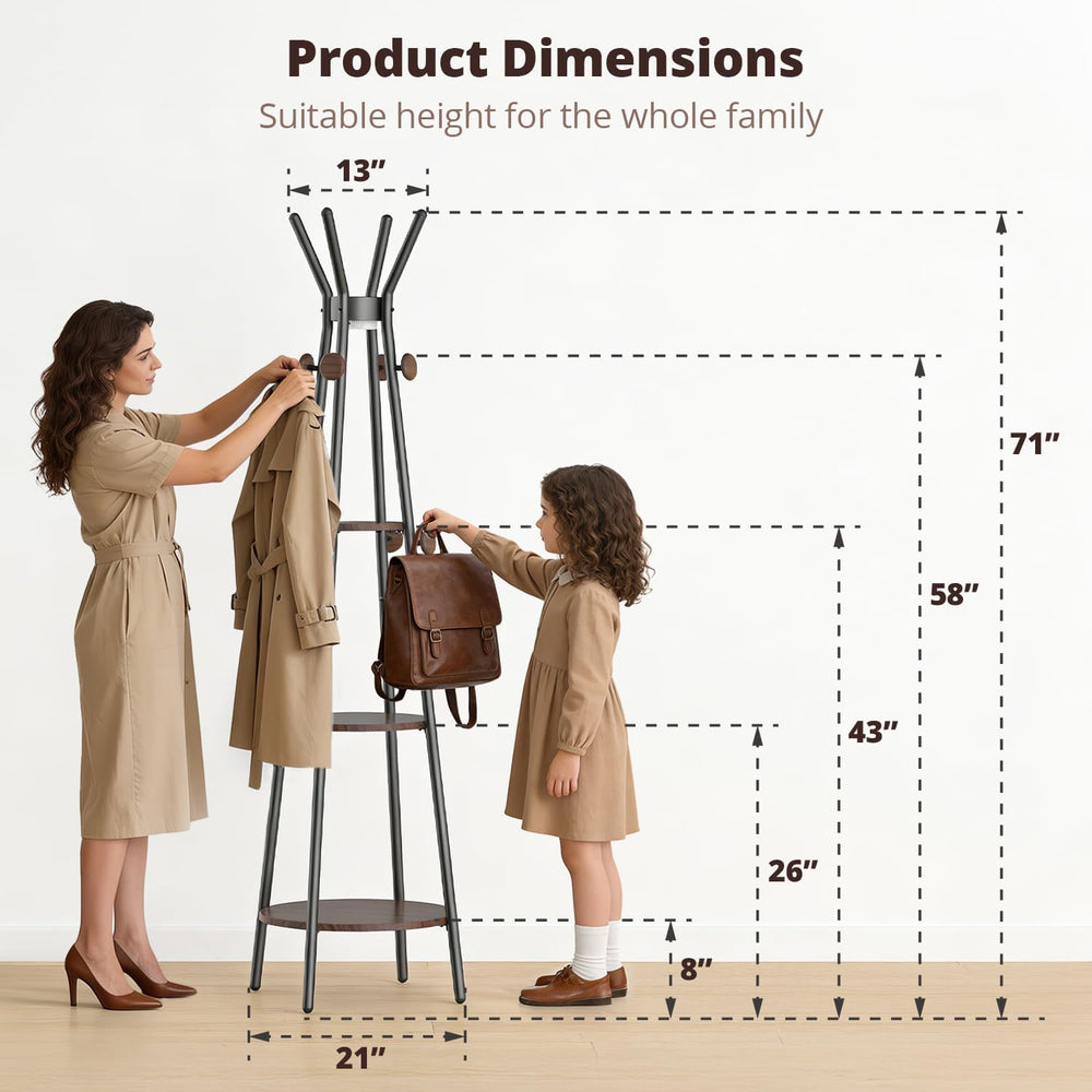 young master Freestanding Coat Rack with Light, 12 Hooks & 3 Wood Shelves...