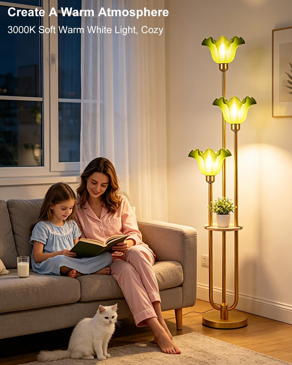 Green Flower Floor Lamp for Living Room, Mid Century Modern Floor Lamp Dimmab...