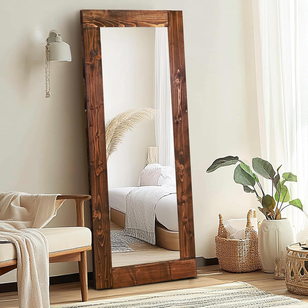 58x24in Full Length Mirror, Solid Wood Convex Frame, Brown