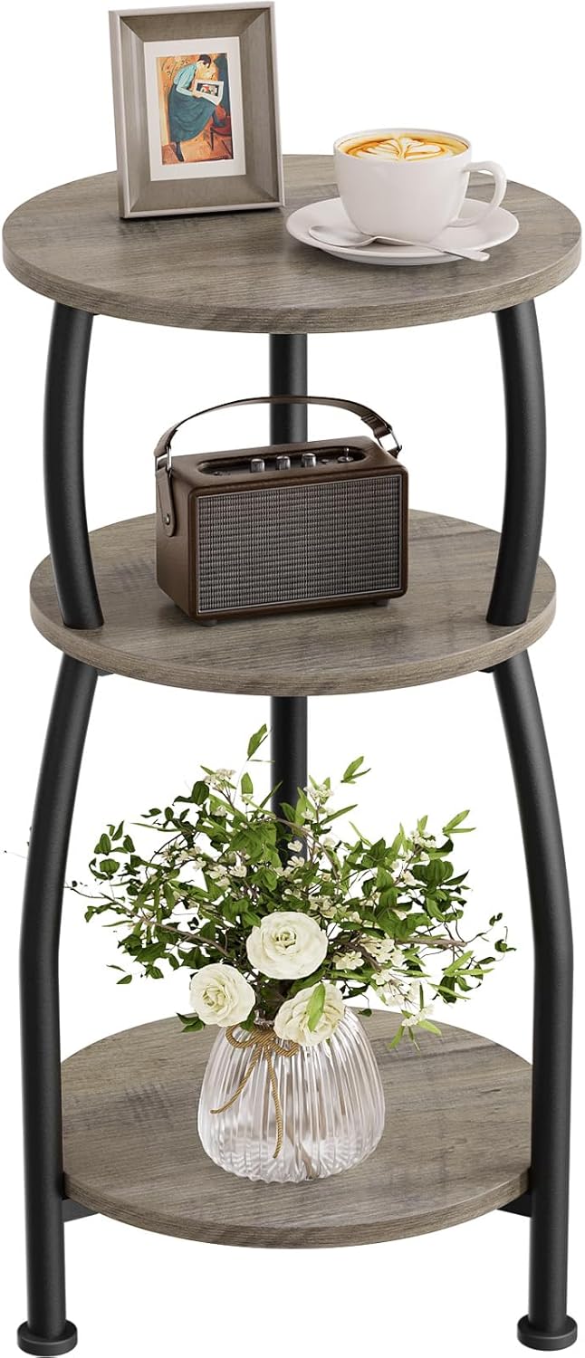 Small Round Side Table, 3-Tier Slim End Table for Small Spaces