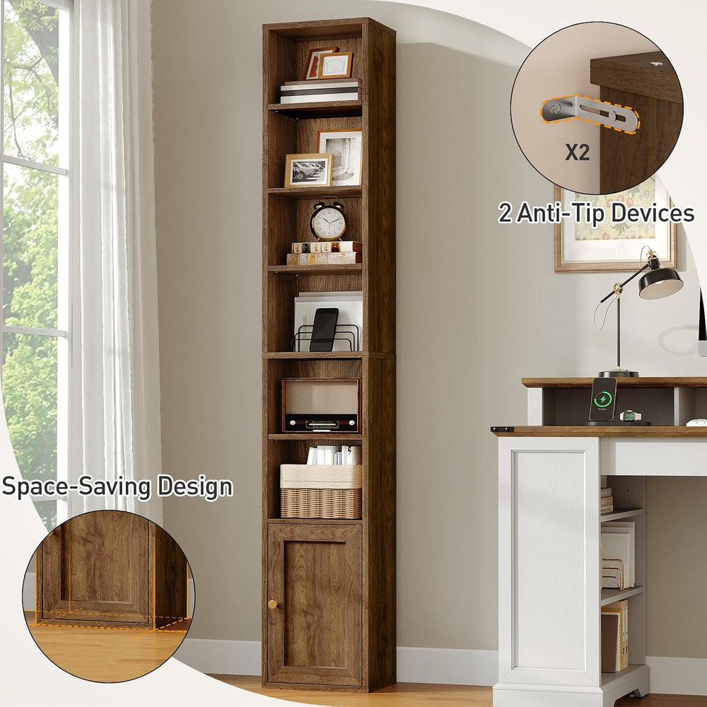 RALGEND 7-Tier Tall Narrow Bookshelf with Door, DVD Media Tower Rack