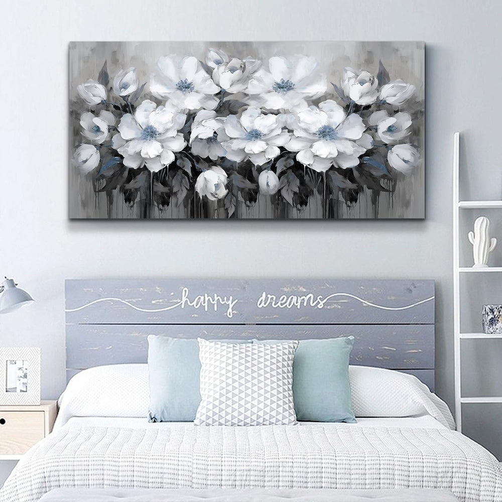 AnZhongArt Living Room Wall Art,White and Blue-gray Flower Landscape for Livi...