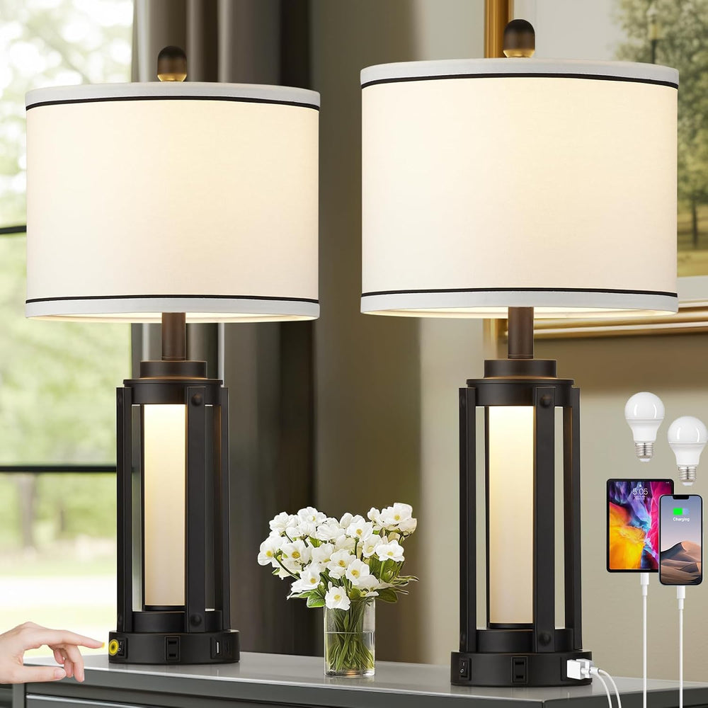 Industrial Table Lamps Set of 2, Farmhouse Beside Lamp with USB A+C Charging ...