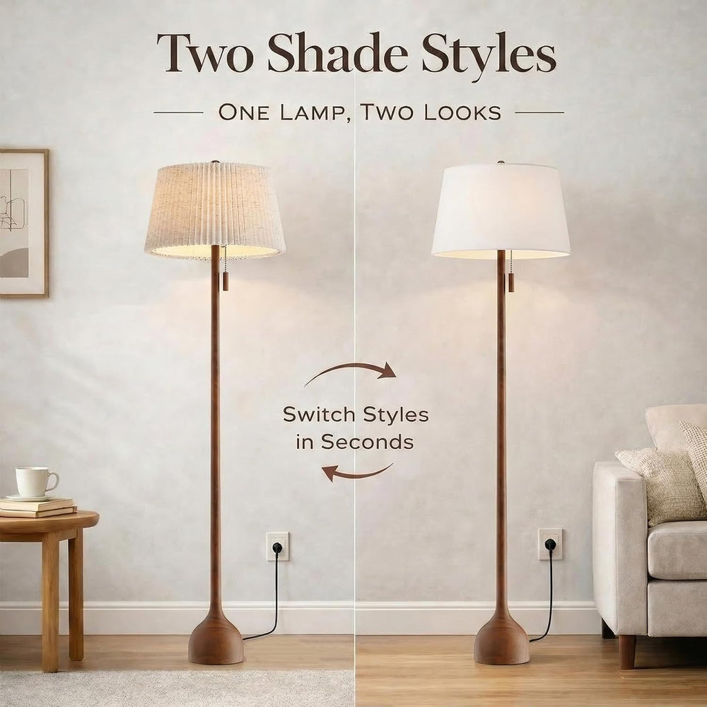 MOFFE Mid Century Modern Real Wood Floor Lamp with 2 Shades for Two Looks