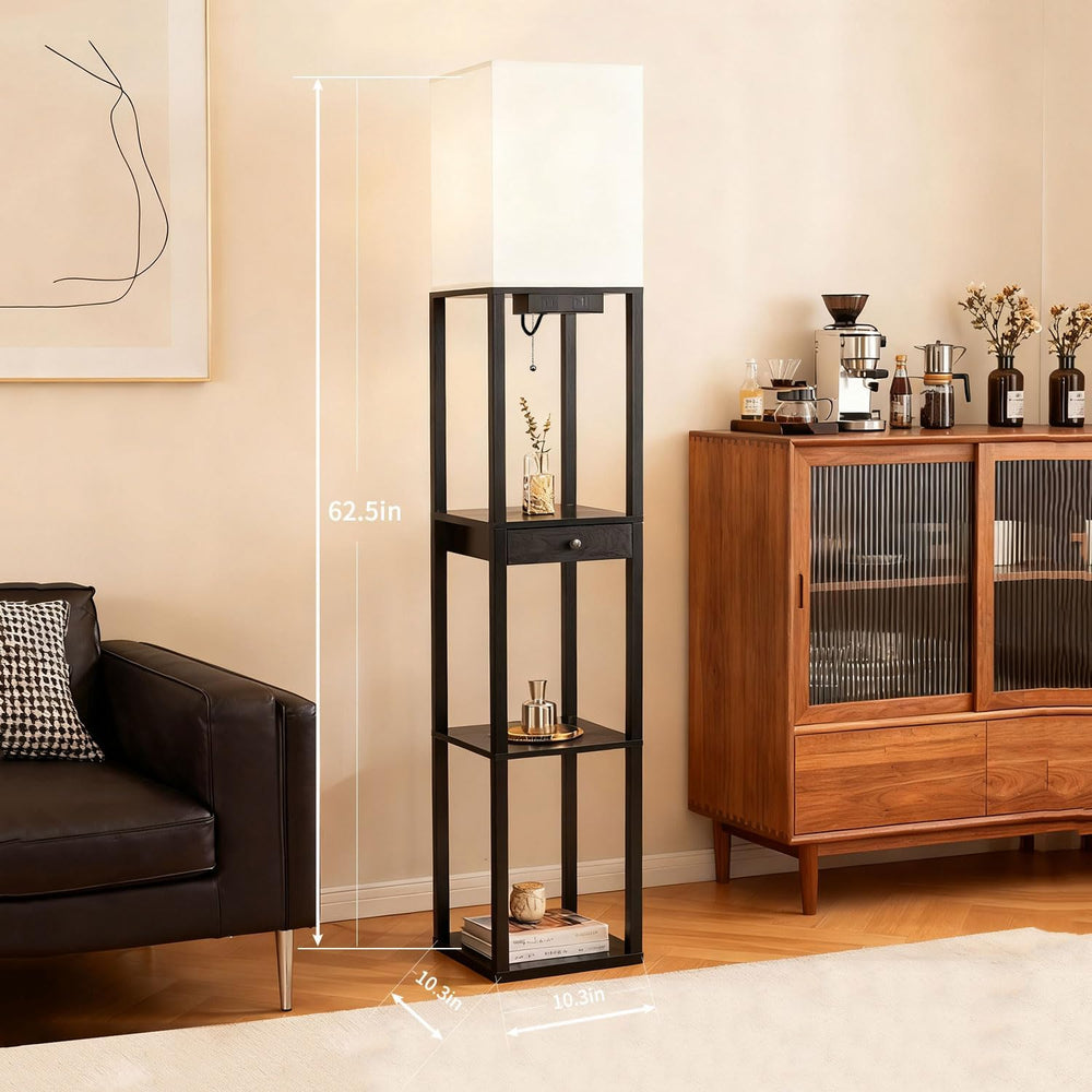Shelf Floor Lamp with 1 Drawer,2 USB-C Ports,1 AC Outlets, Modern Wood Floor ...