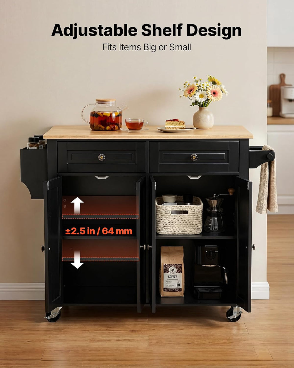 VEVOR Kitchen Island Cart with Storage, 43.58 in Wide Mobile Rolling Storage ...