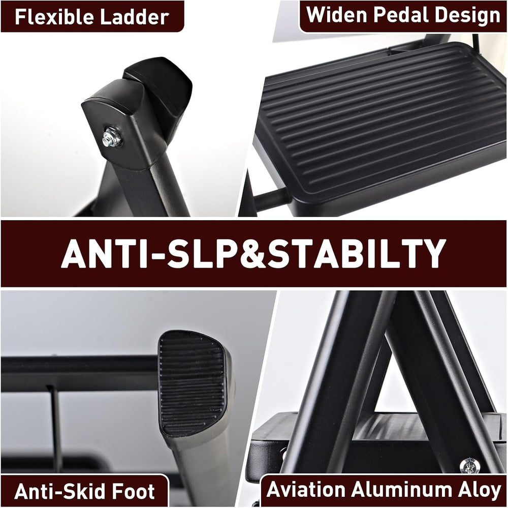 3 Step Ladder, Portable Folding Step Stool for Home Kitchen, Black