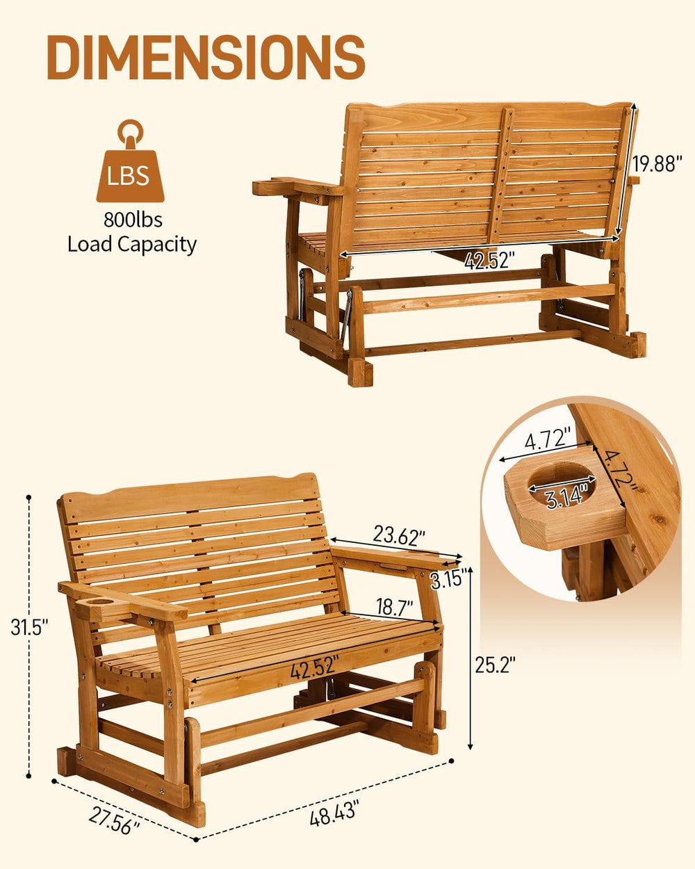 Outvita Patio Glider with Cup Holders, Wooden Outdoor Glider Bench with High ...