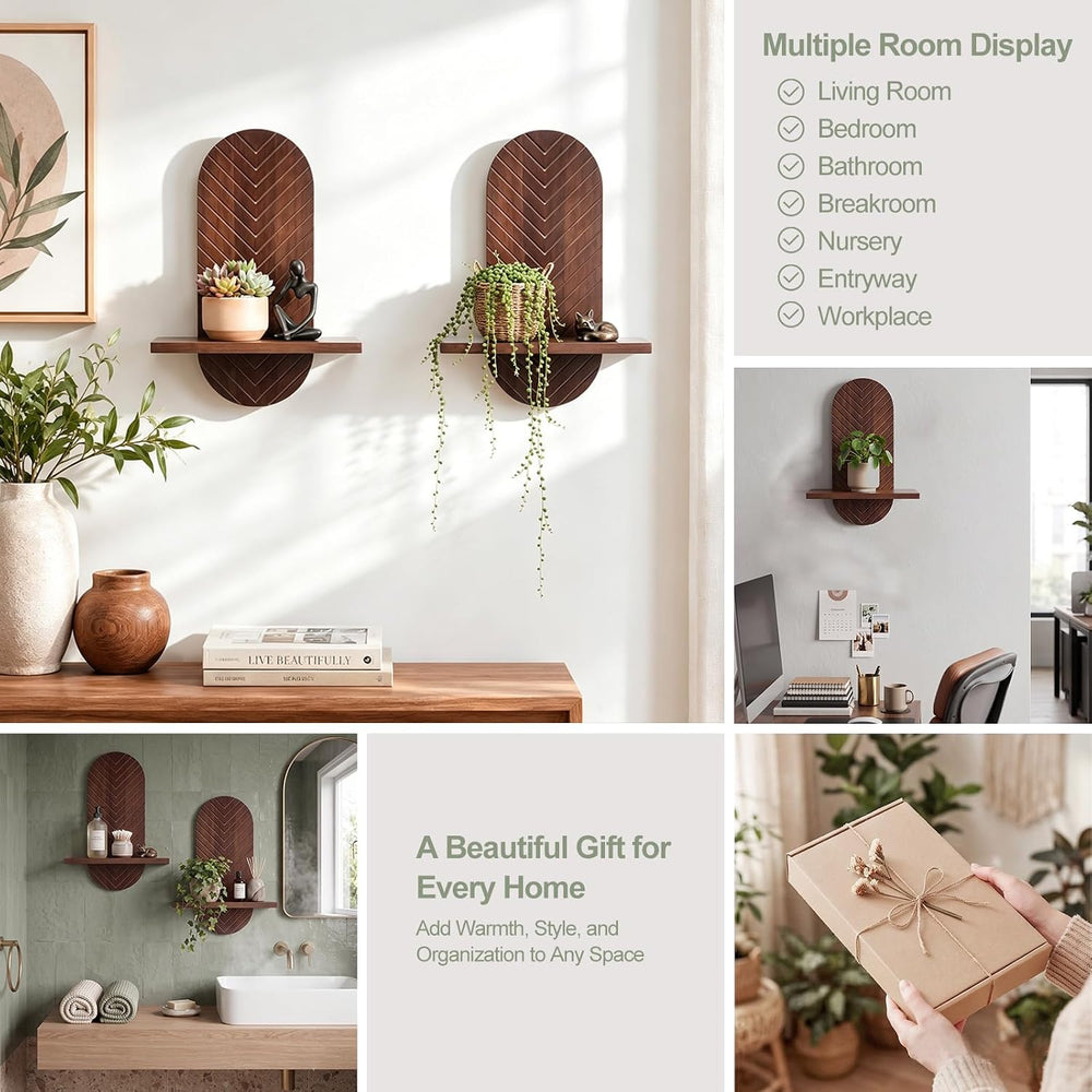 Boho Wall Shelves Set of 2, Modern Room Decor Floating Shelves Walnut