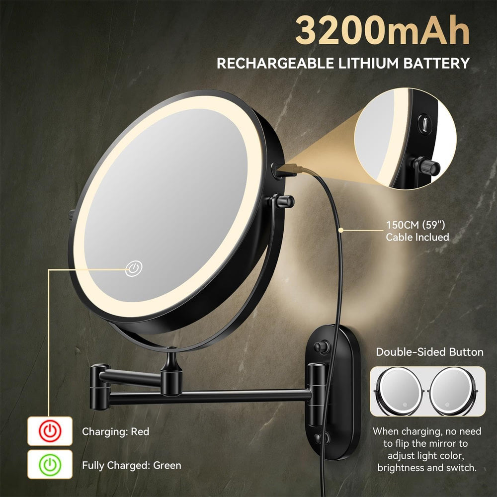 Auxmir 1X/30X Wall Mounted Makeup Mirror, 8" Rechargeable Magnifying Mirror