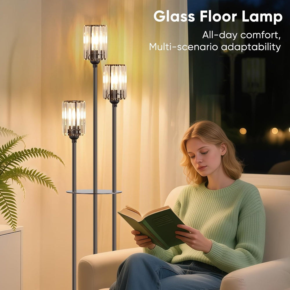 Crystal Standing Floor Lamp with Shelves for Living Room 67" Tall Black