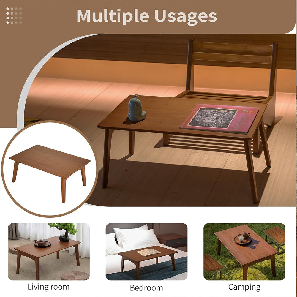 Bamboo Folding Coffee Table, Japanese Low Desk, No Assembly Portable Furnitur...