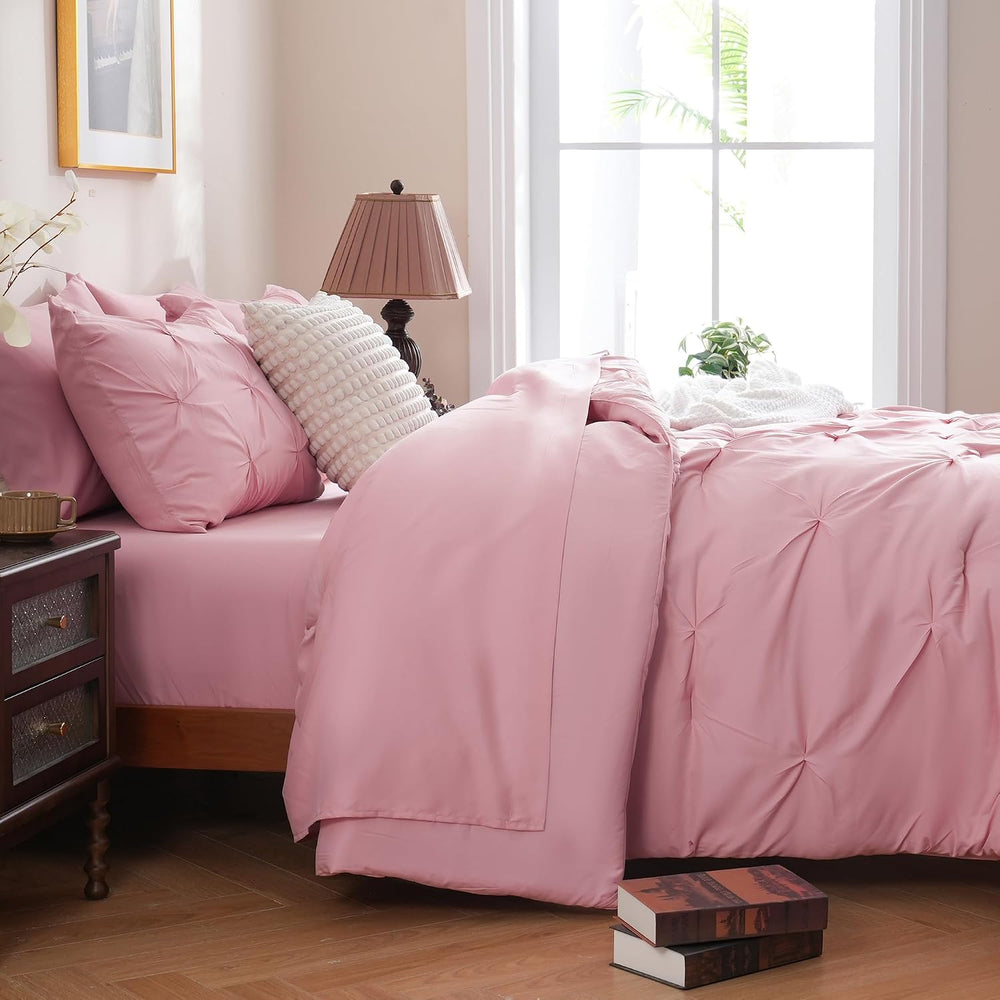 DOWNCOOL Queen Comforter Set, 7 Pieces Pink Pintuck Bed in a Bag