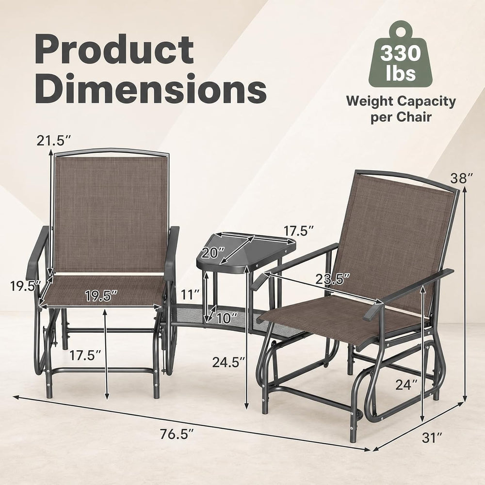 GIANTEX Outdoor Glider Chairs with 2-Tier Center Table, 2-Person Loveseat