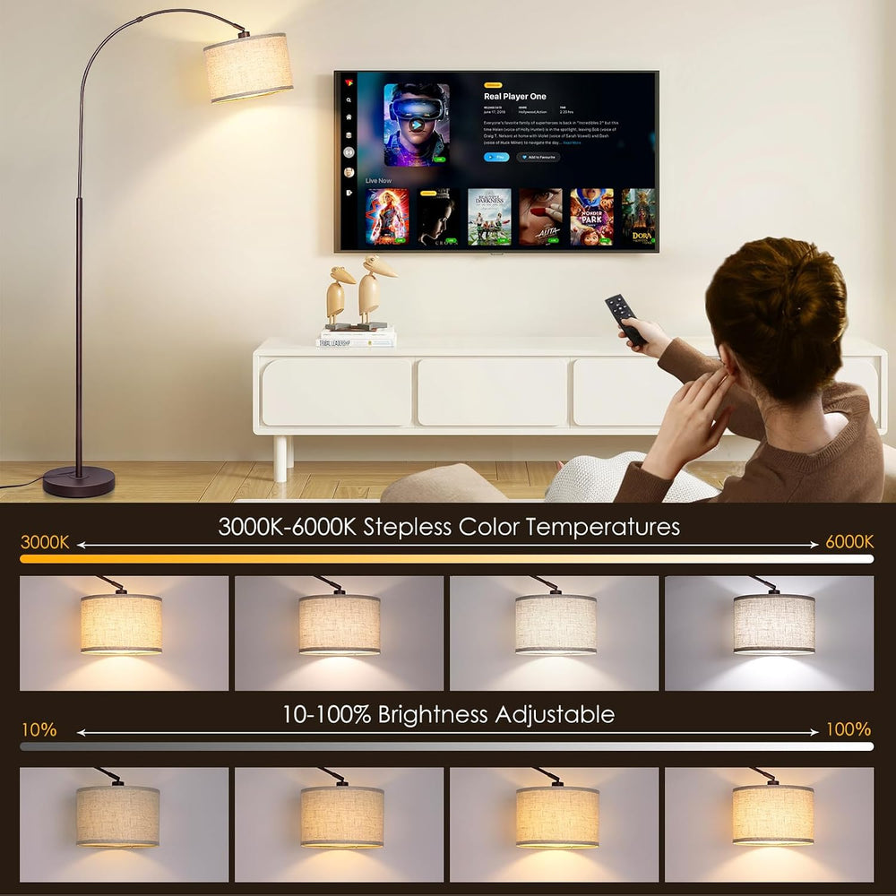 Qingmiao Dimmable Arc Floor Lamp, Remote & Foot Switch, Adjustable Shade