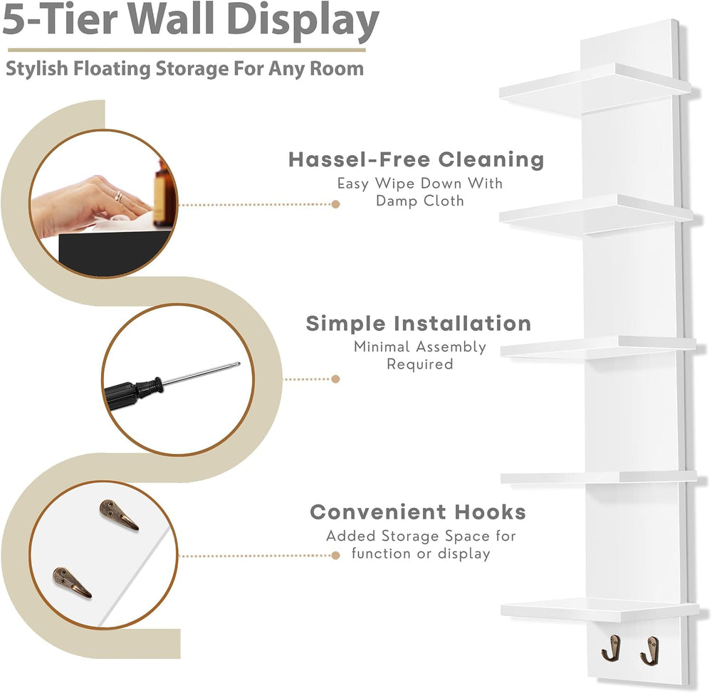 Sorbus 5-Tier Floating Wall Shelf with Hooks, 31 Inch (1 Pack, White)