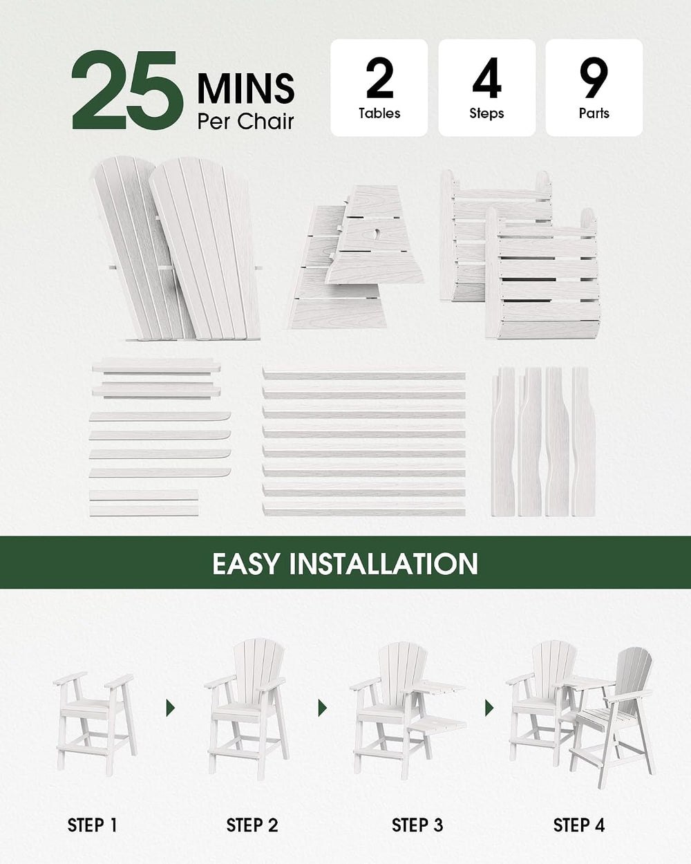 Tall Adirondack Chairs Set of 2 with Double Connecting Trays, White