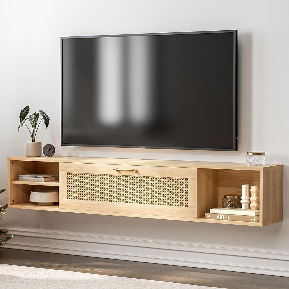 IKIFLY Floating TV Stand with Rattan Door and Large Storage TV Shelfs, Wood