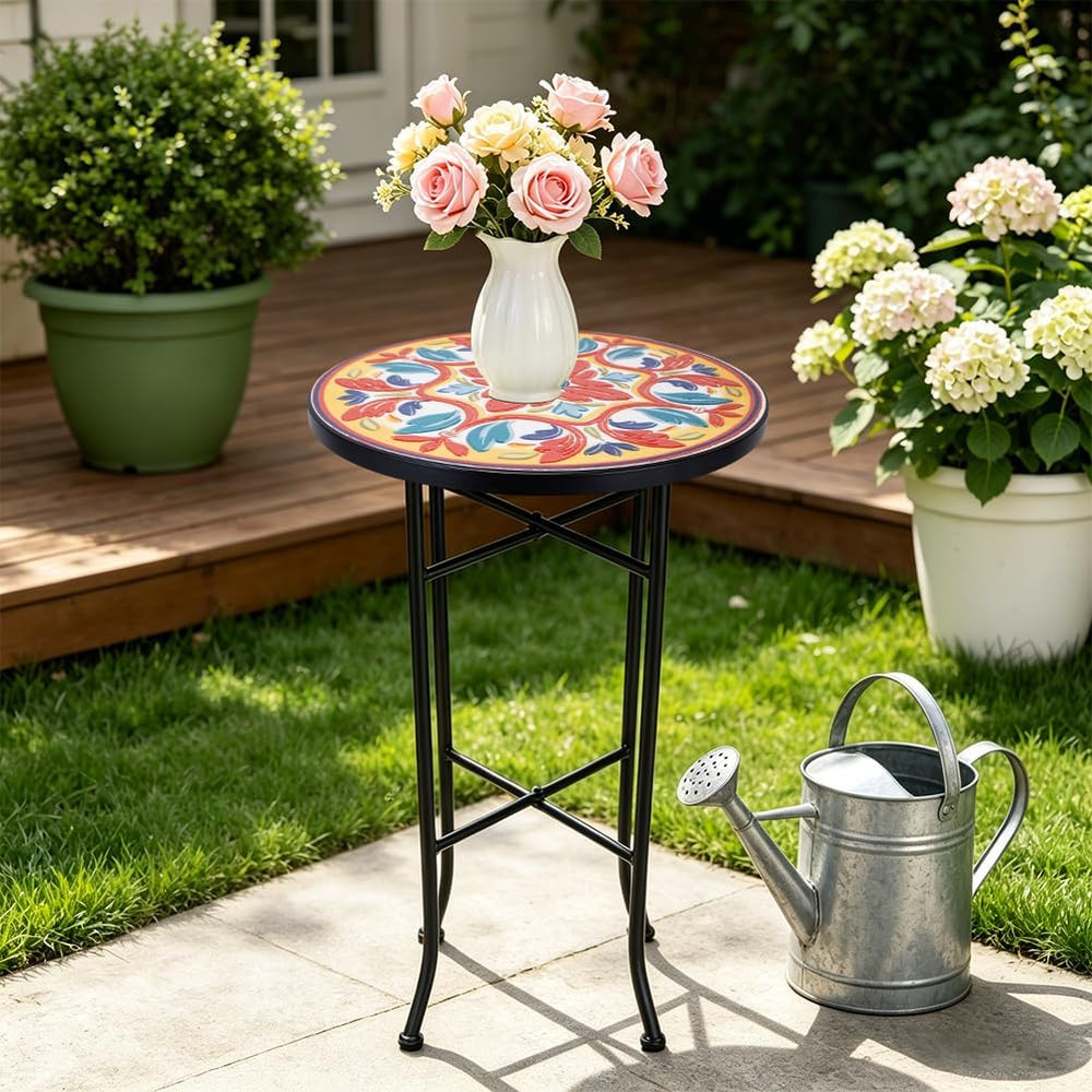 14 Inch Mosaic Patio Round Side Table with X-Straight Legs