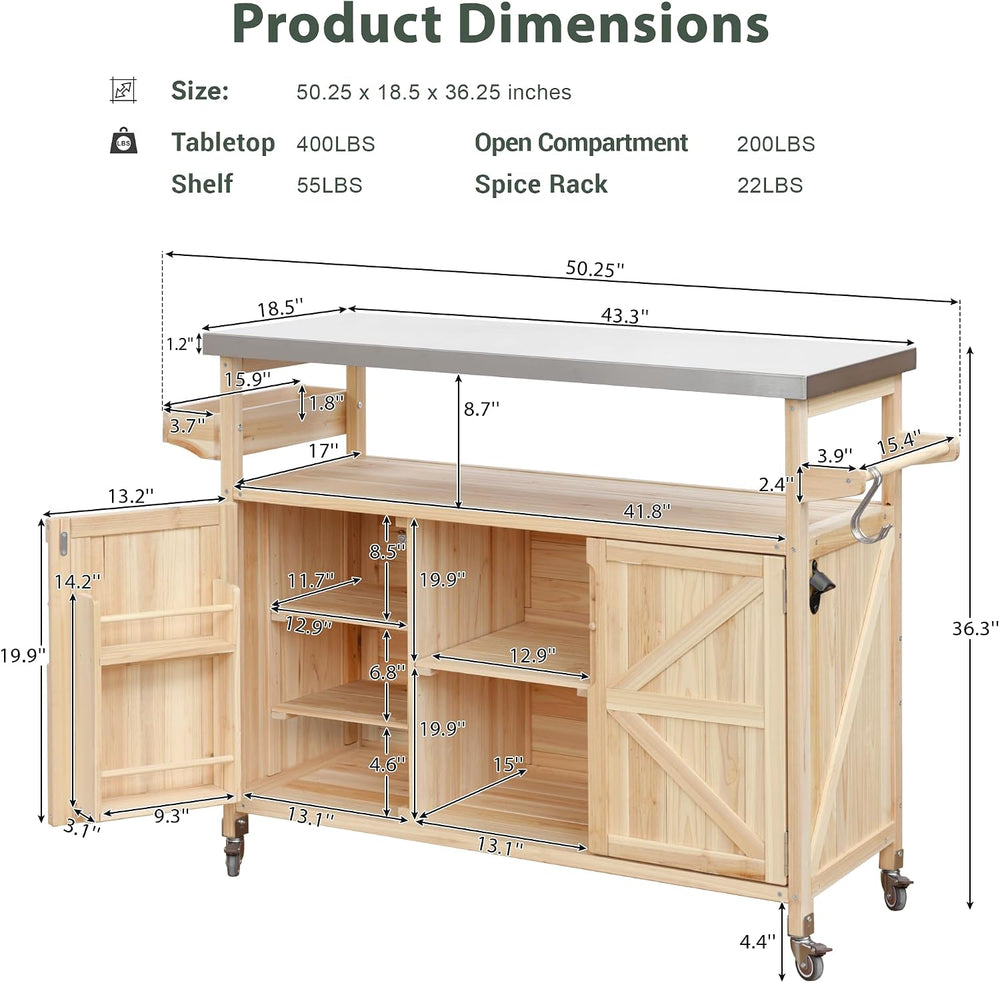 Merax 50" Outdoor Kitchen Grill Cart Island on Wheels with Stainless Ste...