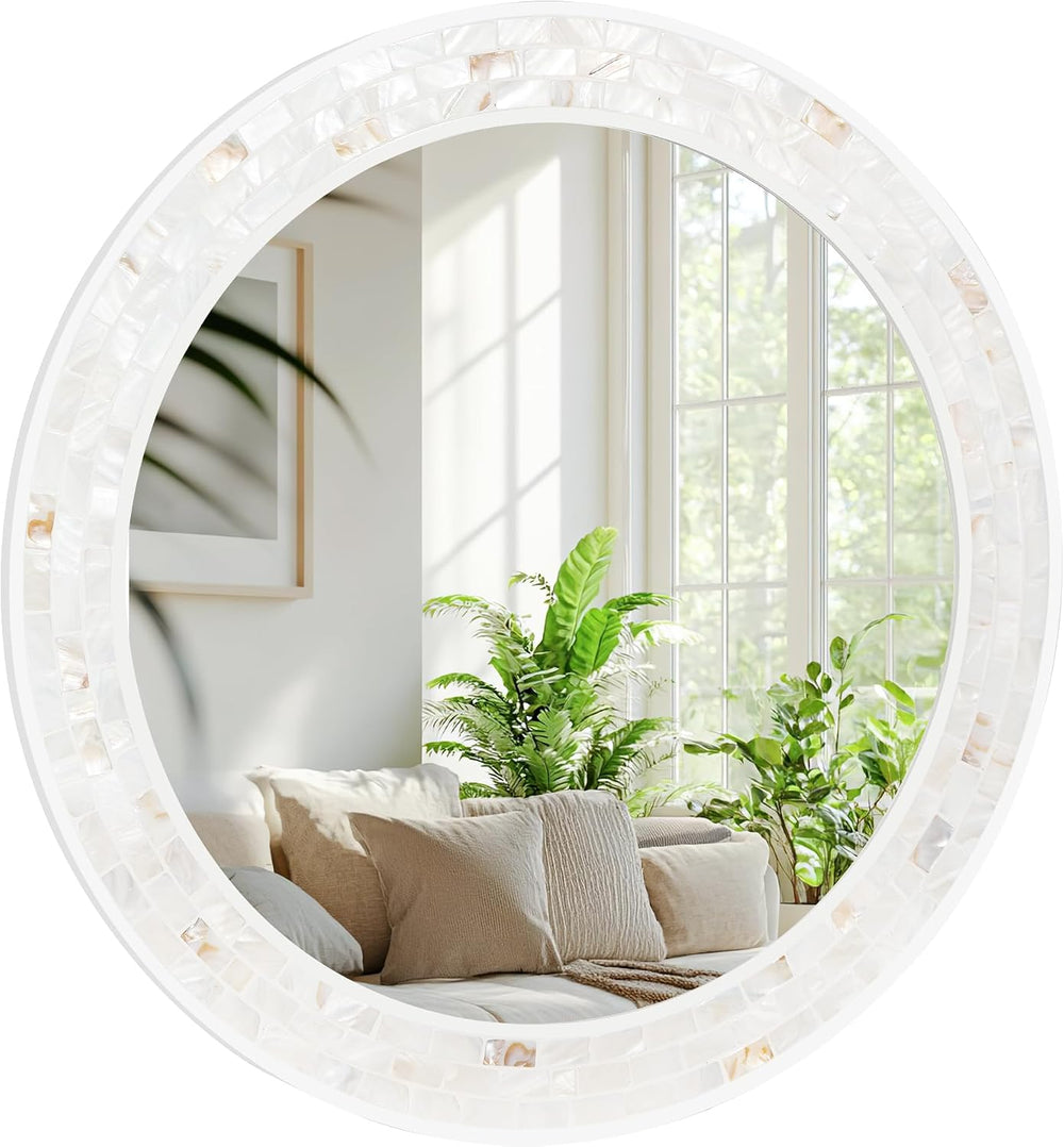 24 Inch Round Bathroom Mirror, Coastal Shell Framed Wall Decor