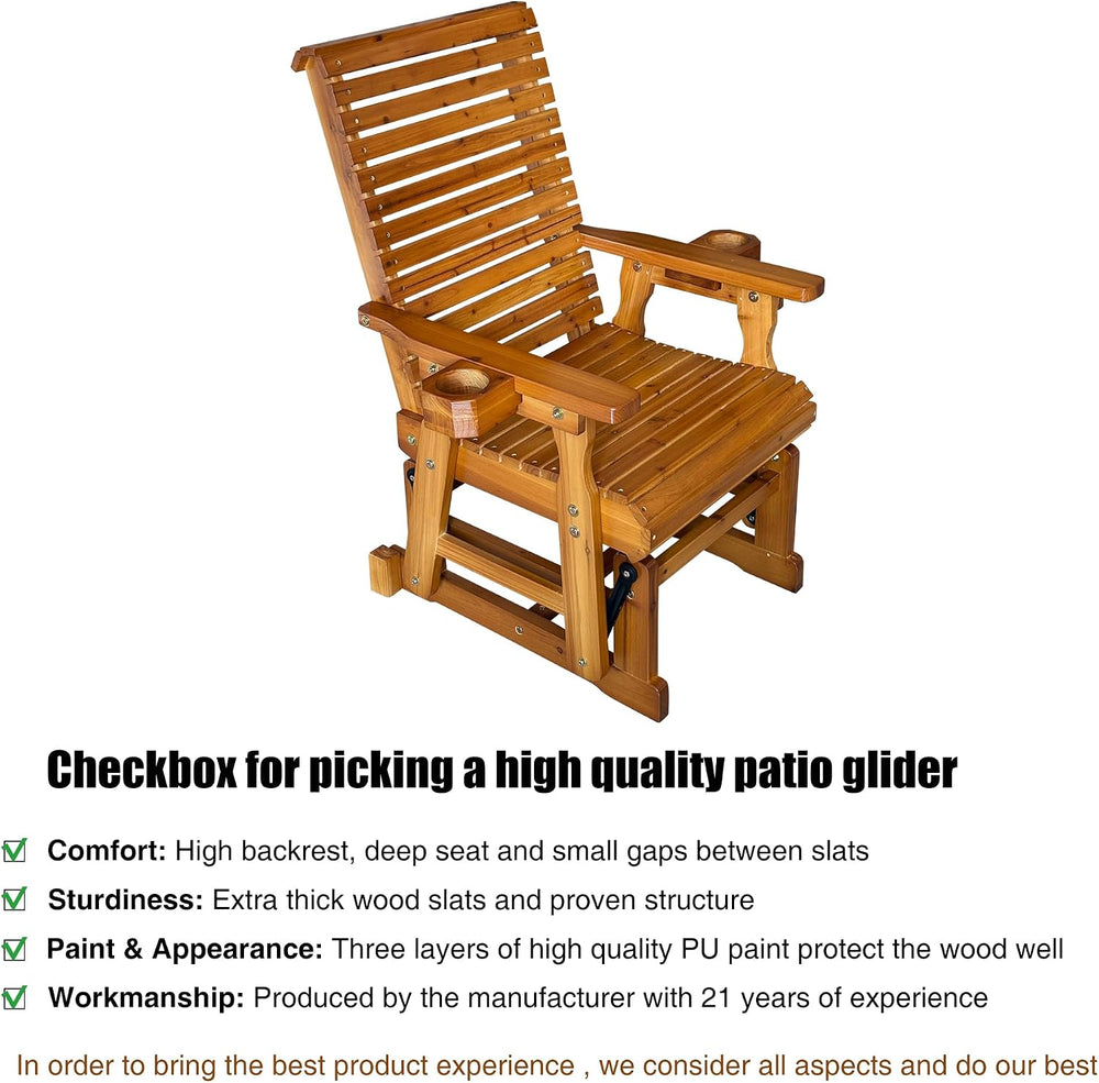 Fortune Candy Wooden Glider Chair with Cup Holders, Brown, 1-Seater