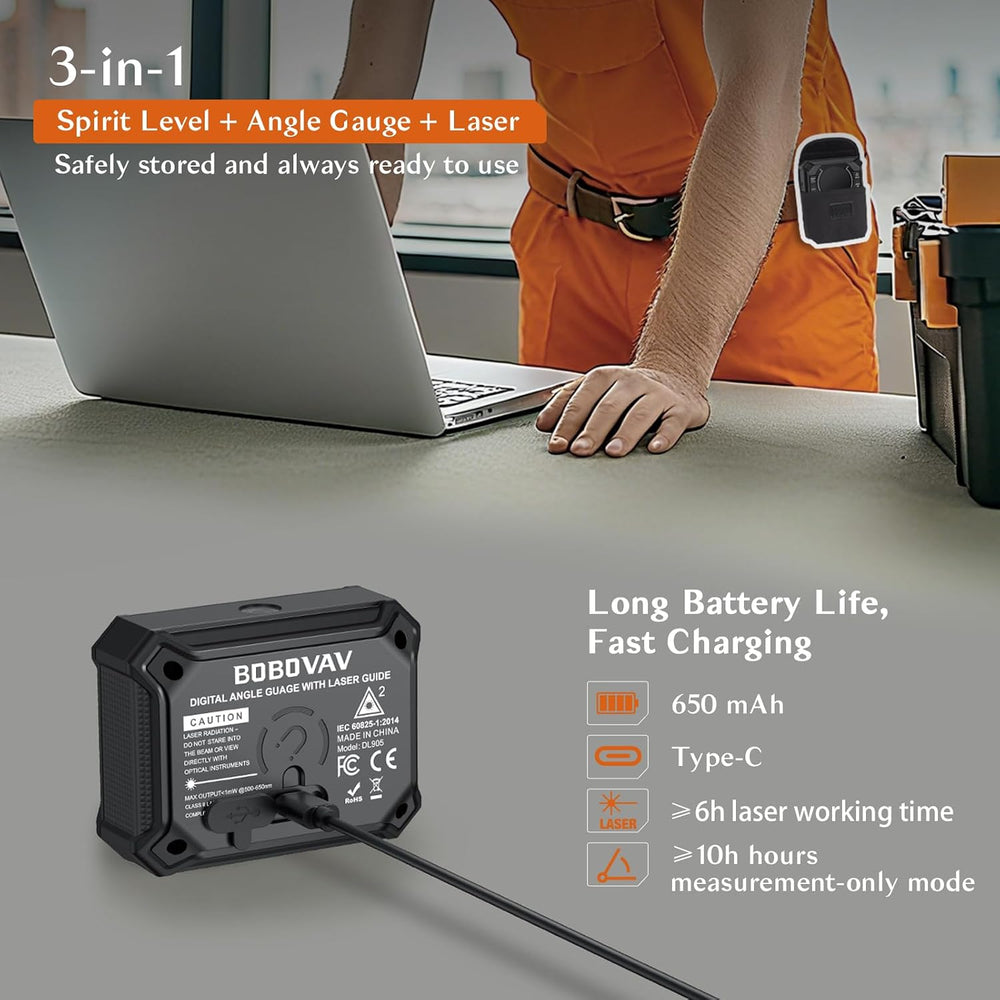 3 in 1 Rechargeable Digital Angle Finder with Laser & Magnet- Black